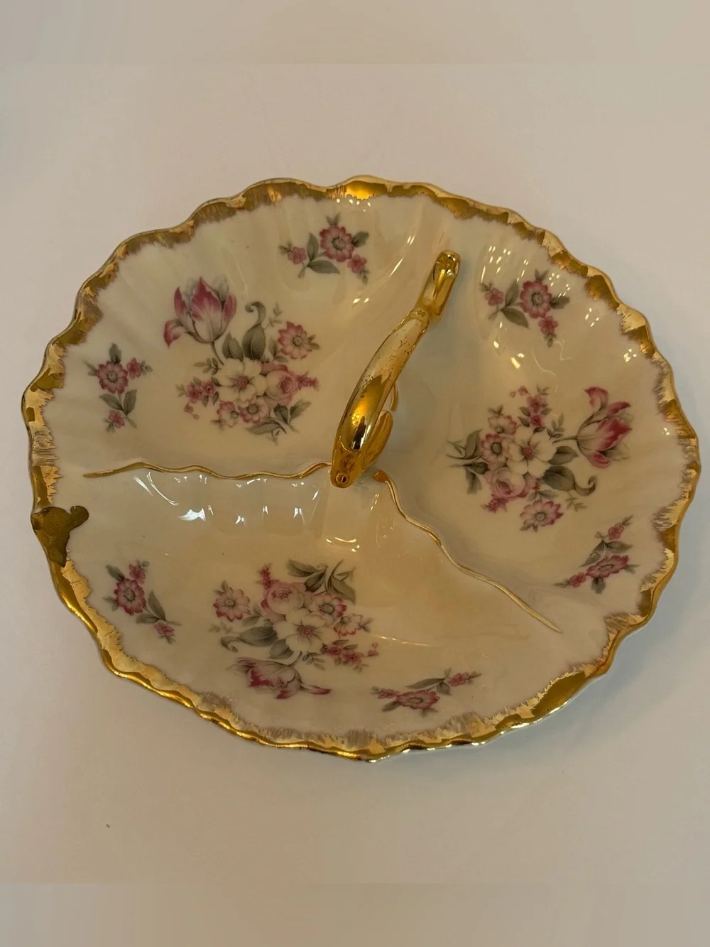 Antique 22k Gold Trim Divided Floral Relish Serving Dish Bowl with Handle